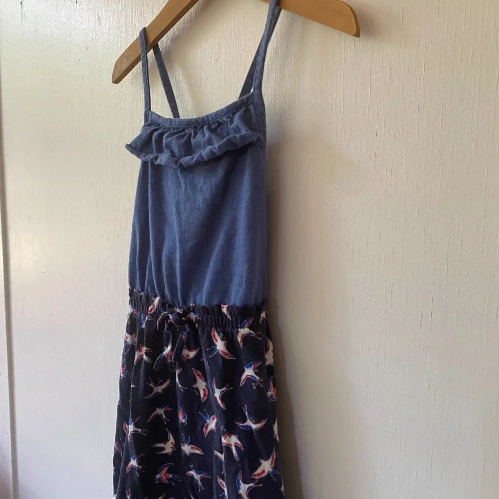 Hanna Andersson‎ Kids Dress Girls Size 6 Bird Print Denim Strappy